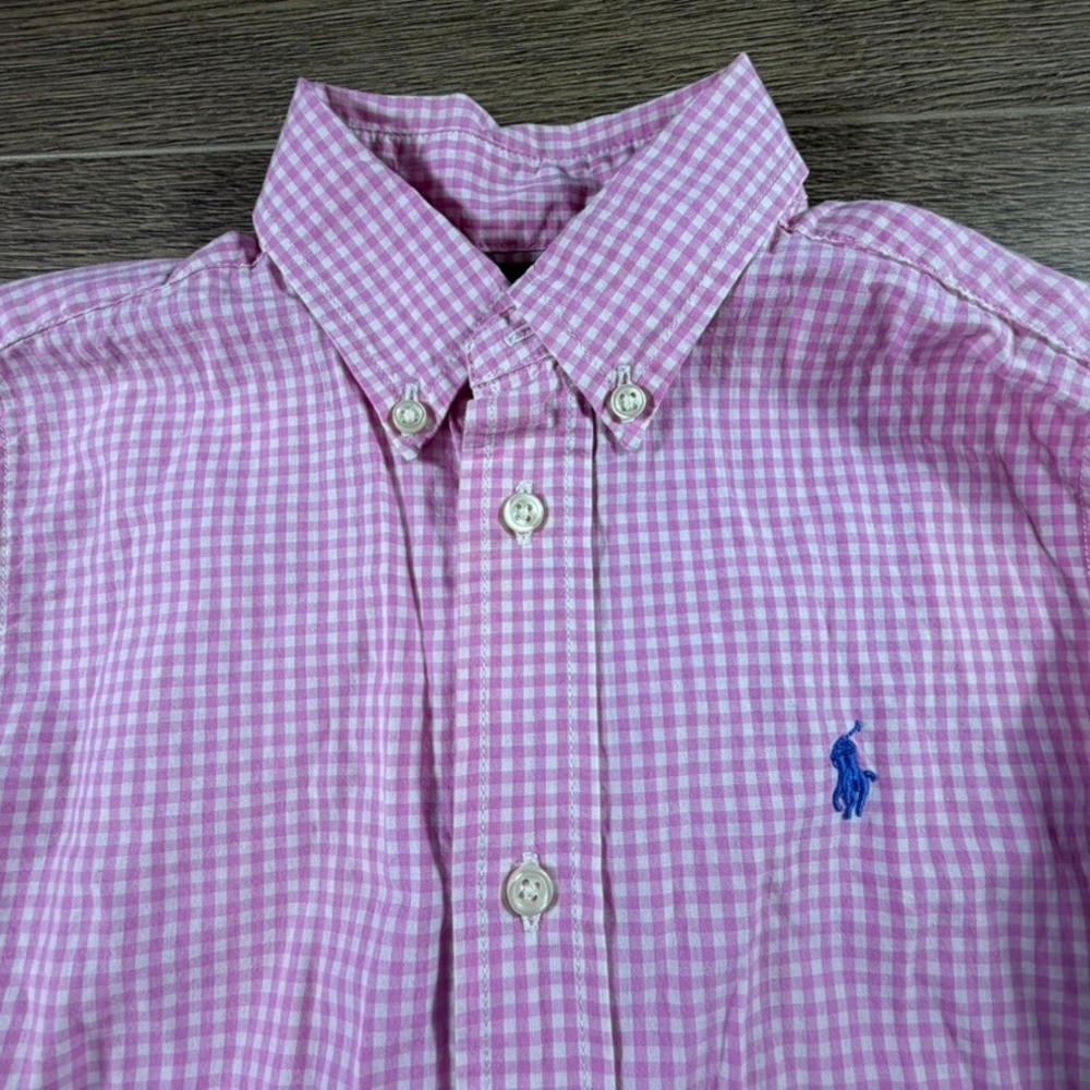 Ralph Lauren Boys Button Front Pink Gingham Shirt 100% Cotton Size 6 Preppy